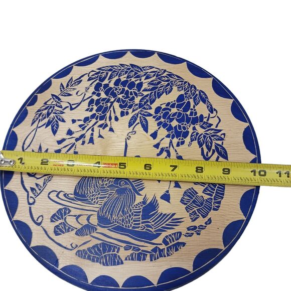 Asian Art Handcarved Wood 10" ROUND BLUE Block Painted BIRDS Ducks Water SIGNED - Picture 7 of 13